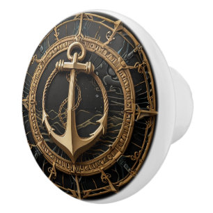 Bouton De Porte En Céramique Ancre Black and Gold Nautical Faux Relief