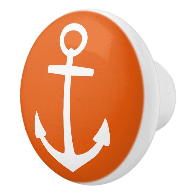 Bouton De Porte En Céramique Ancre blanche nautique sur la mandarine sauvage (Droite)