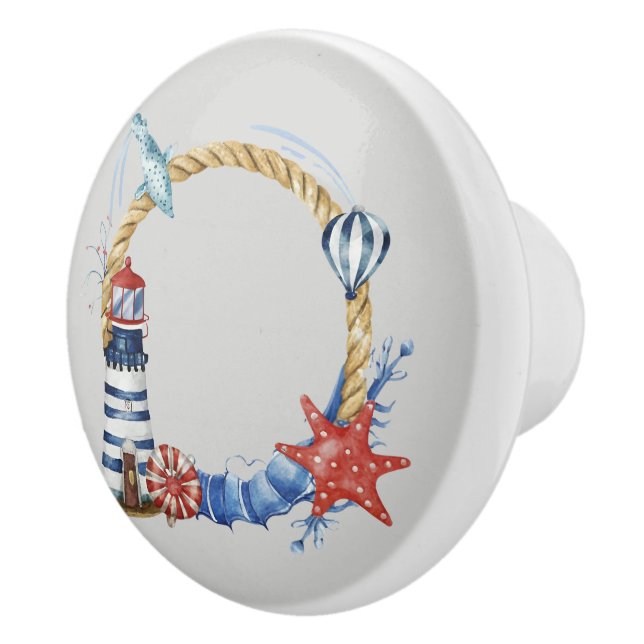 Bouton De Porte En Céramique Ancre bleue et coquillages sur Turquoise (Droite)