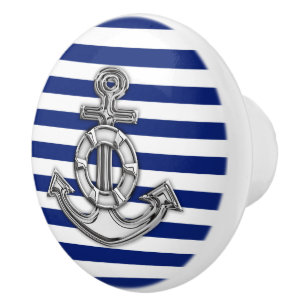 Bouton De Porte En Céramique Ancre Chrome sur la marine nautique Bleu Stripes I