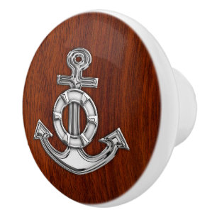 Bouton De Porte En Céramique Ancre Chrome sur le grain d'acajou nautique Imprim