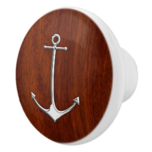 Bouton De Porte En Céramique Ancre Chrome sur le grain d'acajou nautique Imprim