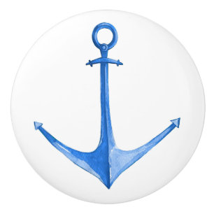 Bouton De Porte En Céramique Ancre de bateau bleu nautique rustique