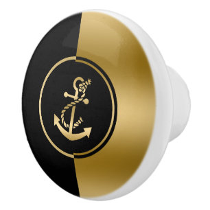 Bouton De Porte En Céramique Ancre de bateau nautique Gold et Black Design géom