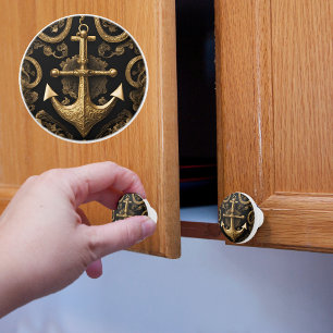 Bouton De Porte En Céramique Ancre dorée sur fond noir