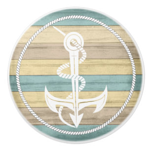Bouton De Porte En Céramique Ancre nautique en bois de plage - Jaune / Turquois