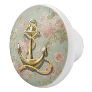Bouton De Porte En Céramique ancre nautique girly florale chic d'or de pays