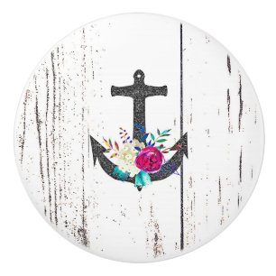 Bouton De Porte En Céramique Ancre rustique de plage & Floraison audacieuse d'é