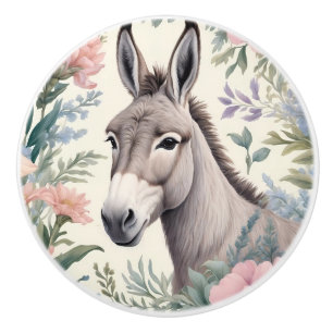 Bouton De Porte En Céramique Âne Charmeur Fleurs Pastel Animal de Ferme