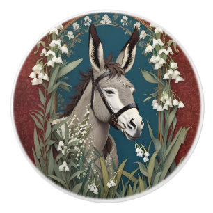 Bouton De Porte En Céramique Âne Élégant et Fleurs de Muguet de Mai