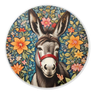 Bouton De Porte En Céramique Âne Mignon Sur Fond Floral Coloré