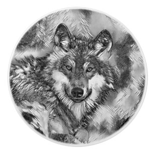Bouton De Porte En Céramique AnimalArtBW_Wolf_001