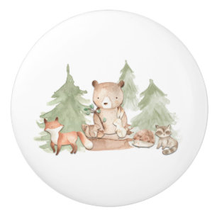 Bouton De Porte En Céramique Animaux de la forêt de bois de style aquarelle pou
