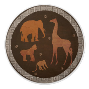Bouton De Porte En Céramique Animaux de la jungle safari marron