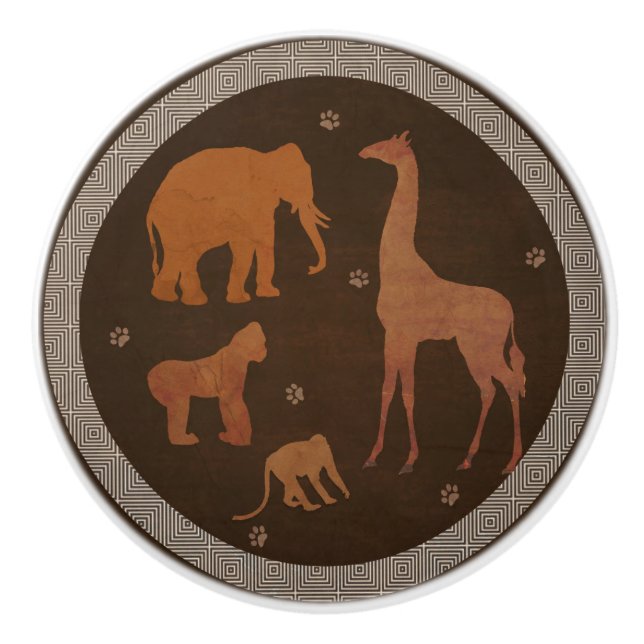 Bouton De Porte En Céramique Animaux de la jungle safari marron (Devant)