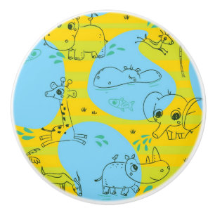 Bouton De Porte En Céramique Animaux jouant l'arrière - plan de motif de béb