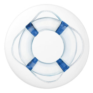 Bouton De Porte En Céramique Anneau de sauvetage bleu nautique rustique