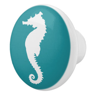 Bouton De Porte En Céramique Aqua Turquoise et Blanc Seahorse Côtier Nautique