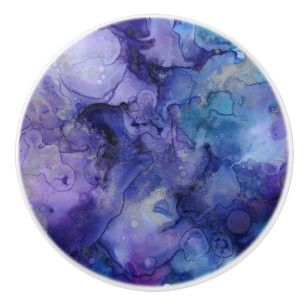 Bouton De Porte En Céramique Aquarelle Abstraite violette Et Bleue Fissures Mar