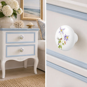 Bouton De Porte En Céramique Aquarelle Ancolie avec Colibri