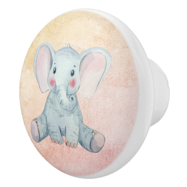 Bouton De Porte En Céramique Aquarelle Bébé Eléphant Texté   (Droite)