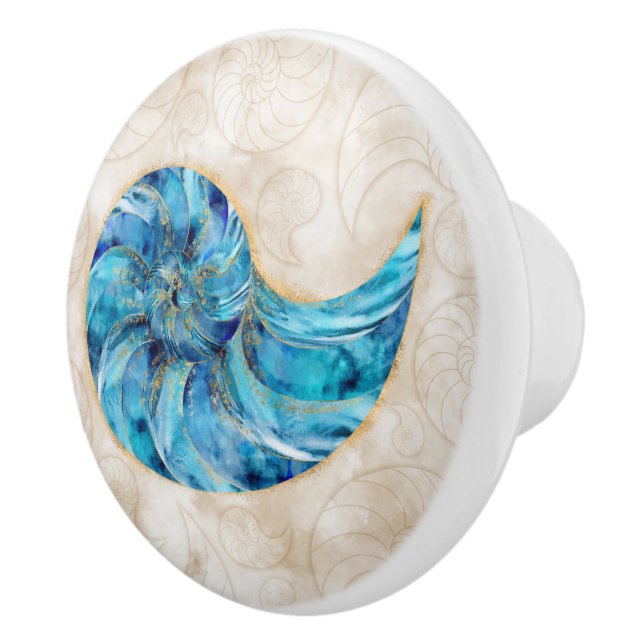 Bouton De Porte En Céramique Aquarelle bleu coque Nautilus (Droite)