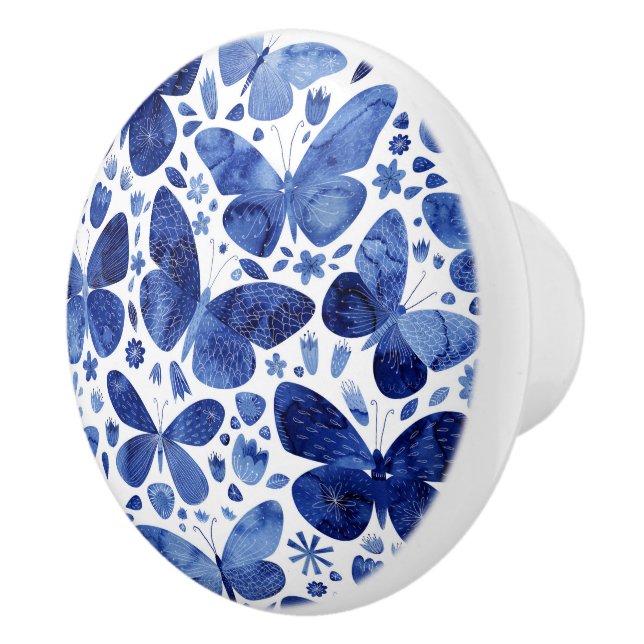 Bouton De Porte En Céramique Aquarelle bleu Motif papillon (Droite)