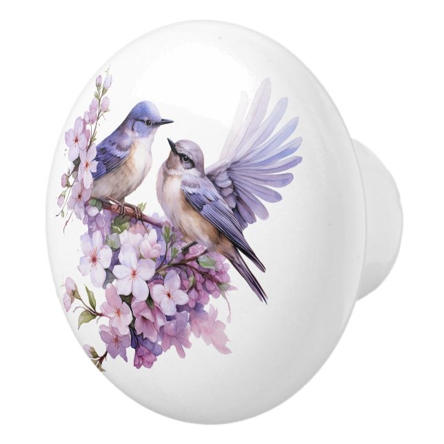 Bouton De Porte En Céramique Aquarelle Bluebirds et Cherry BLossoms (Droite)