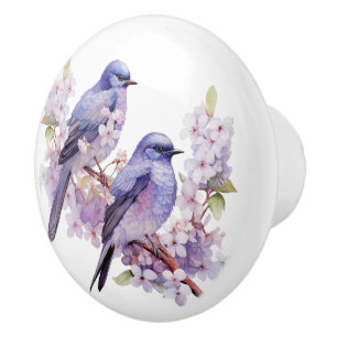 Bouton De Porte En Céramique Aquarelle Bluebirds et fleurs de cerisiers
