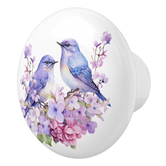 Bouton De Porte En Céramique Aquarelle Bluebirds et fleurs de cerisiers (Droite)