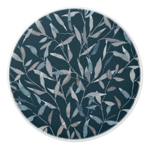 Bouton De Porte En Céramique Aquarelle botanique gris bleu feuilles sur bleu fo