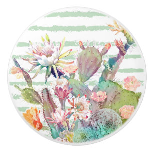 Bouton De Porte En Céramique Aquarelle Cactus Floral Stripes Design