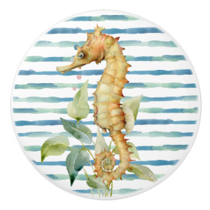 BOUTON DE PORTE EN CÉRAMIQUE AQUARELLE CHEVAL MARIN, PLAGE, VIE MARINE CÔTIÈRE