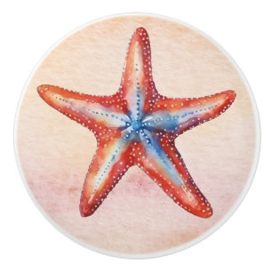Bouton De Porte En Céramique Aquarelle colorée tableau étoile de mer rouge bleu