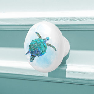 Bouton De Porte En Céramique Aquarelle de la tortue de mer Océan tropical
