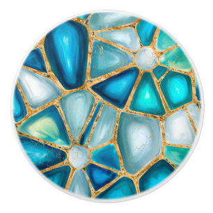 Bouton De Porte En Céramique Aquarelle et cellules dorées - océan