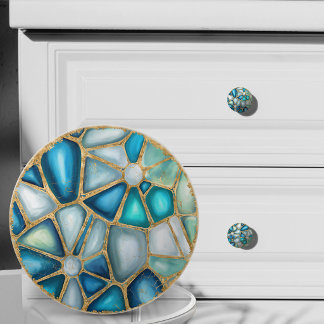 Bouton De Porte En Céramique Aquarelle et cellules dorées - océan