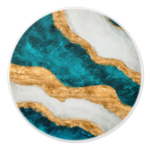 Bouton De Porte En Céramique Aquarelle et or Vague Abstraite Turquoise