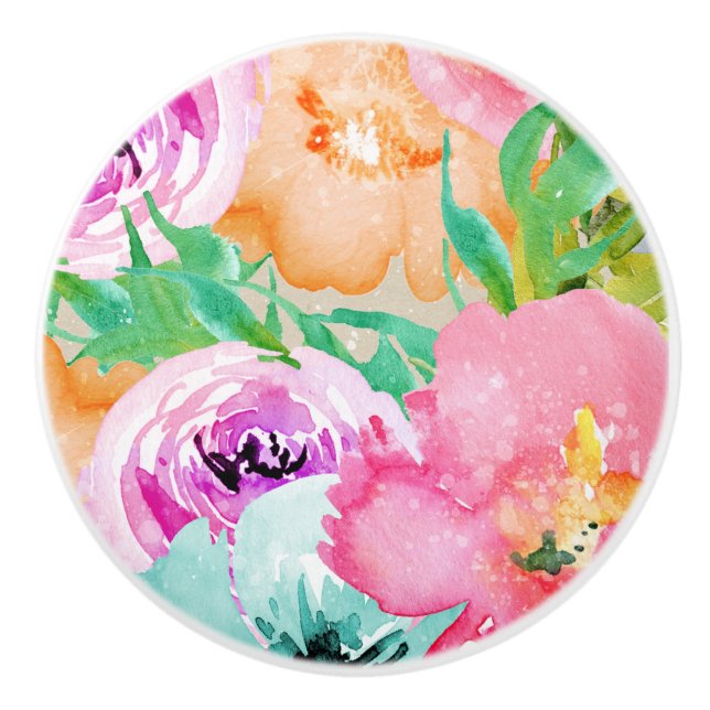 Bouton De Porte En Céramique Aquarelle fleurie de printemps brillante moderne (Devant)