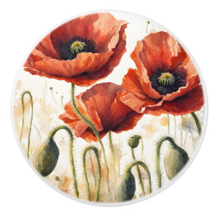 Bouton De Porte En Céramique Aquarelle Fleurs de pavot à fleurs rouges