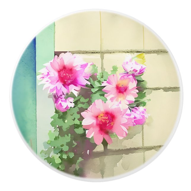 Bouton De Porte En Céramique Aquarelle Fleurs roses (Devant)