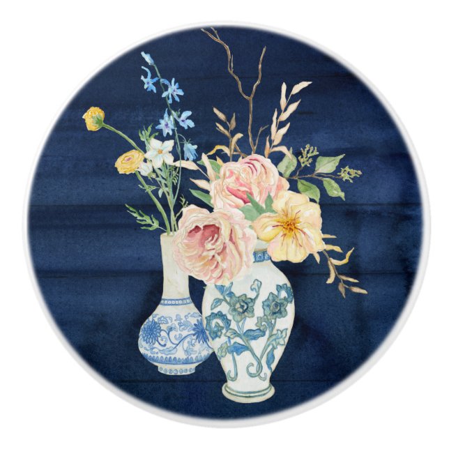 Bouton De Porte En Céramique Aquarelle Floral rose Vase Bleu Bois (Devant)