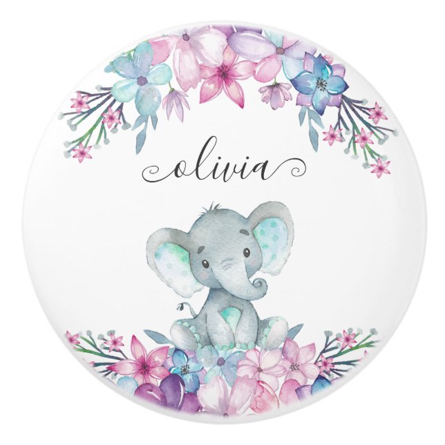 Bouton De Porte En Céramique Aquarelle florale mignonne Baby Elephant Nom Monog (Devant)
