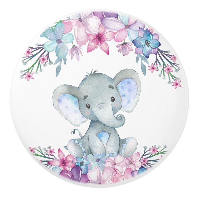 Bouton De Porte En Céramique Aquarelle florale mignonne bébé éléphant pour garç (Devant)