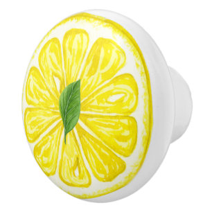 Bouton De Porte En Céramique Aquarelle Fruit de citron avec feuille de citron