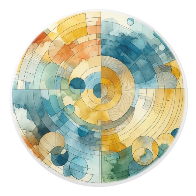 Bouton De Porte En Céramique Aquarelle géométrique bleu et jaune Abstrait (Devant)