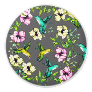 Bouton De Porte En Céramique Aquarelle Hummingbirds & Flowers
