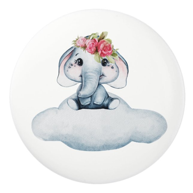 Bouton De Porte En Céramique Aquarelle mignonne bébé éléphant (Devant)