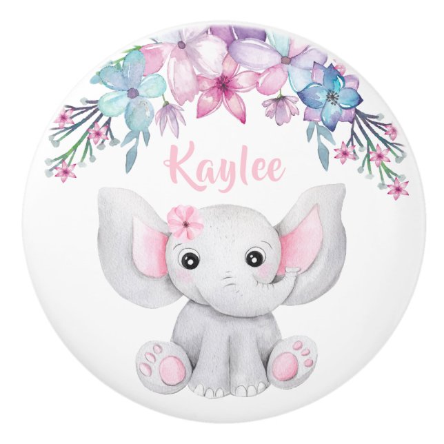 Bouton De Porte En Céramique Aquarelle mignonne bébé éléphant pour fille (Devant)