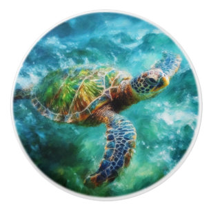 Bouton De Porte En Céramique Aquarelle Natation Tortue de mer